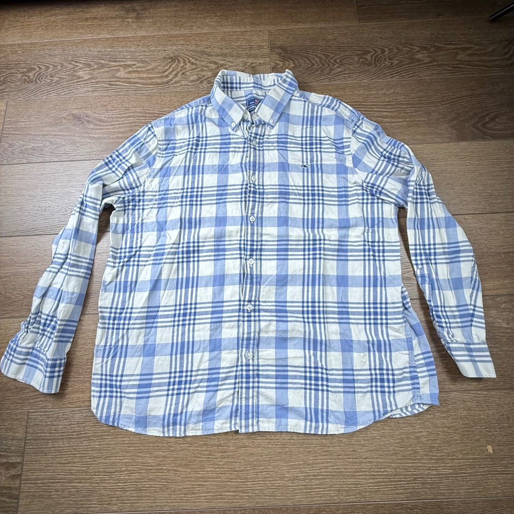 Vineyard Vines Men's Flannel Classic Whale Button-Down Sz XXL Plaid Blue/Cream